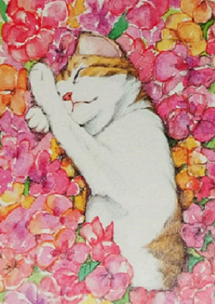 花束の中でお昼寝中の猫
